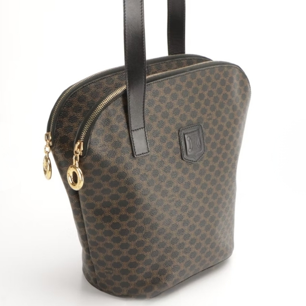 Celine | Double Zip Shoulder Tote Bag | Macadam Canvas & Black Leather | Vintage - Picture 3 of 16